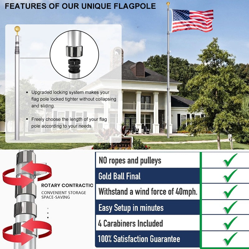 Heavy Duty Telescopic Flag Pole 25ft Adjustable Length