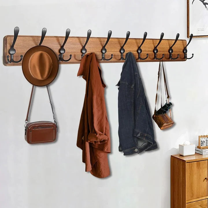 Wall-Mounted Coat Rack Wooden with Hooks