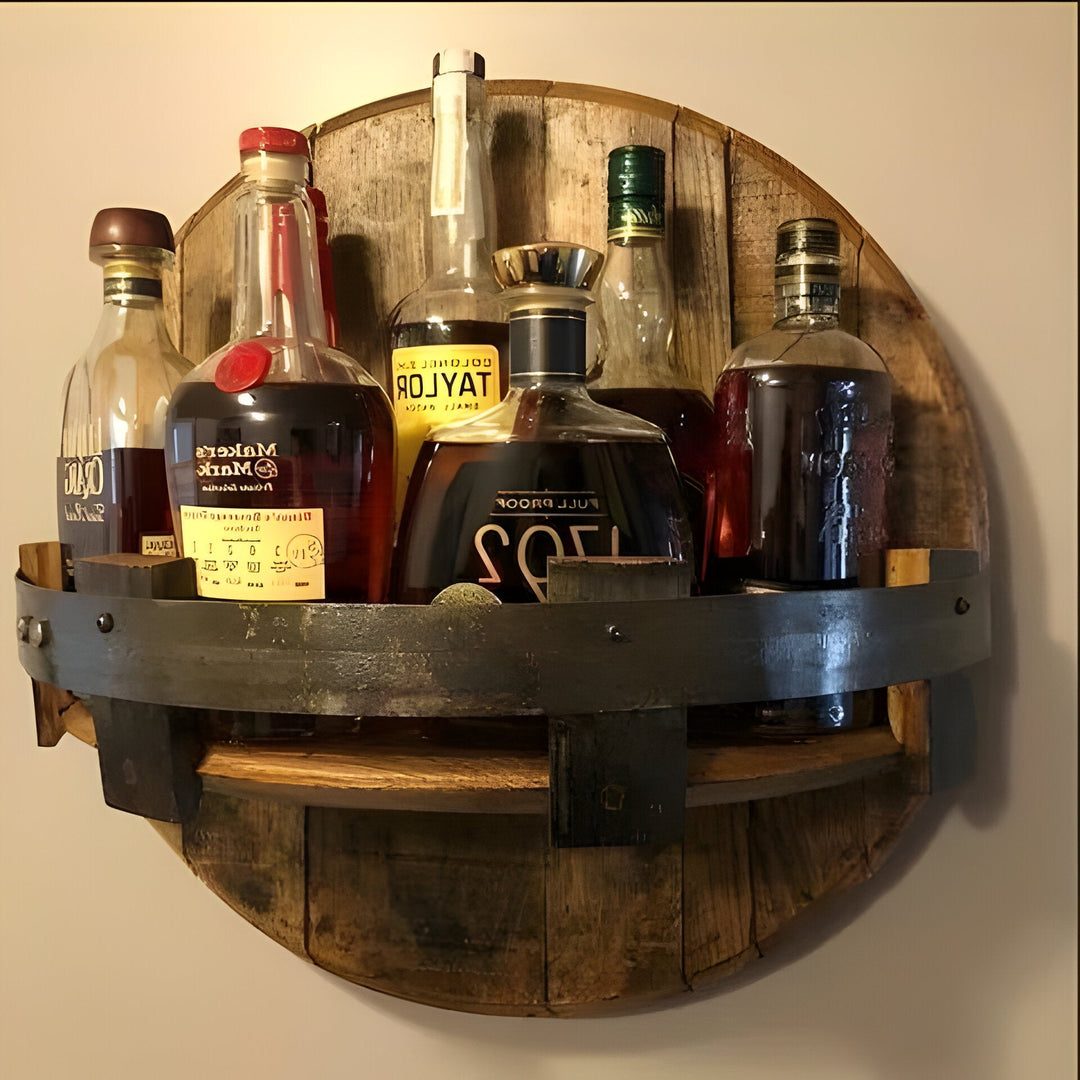 Rustic Whiskey Barrel Shelf Wooden Wall Display Rack - Lenila