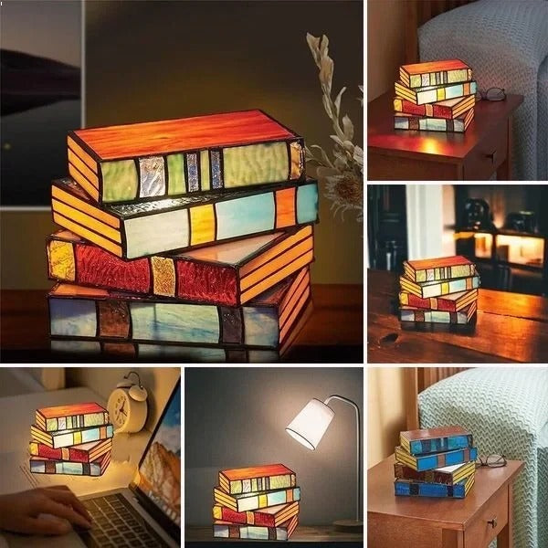 Vintage Stacked Book Lamp with Stained Glass Accent - Lenila