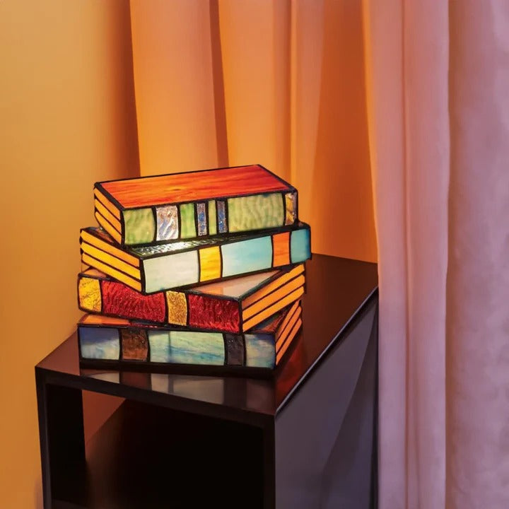 Vintage Stacked Book Lamp with Stained Glass Accent