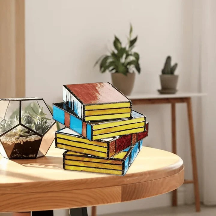 Vintage Stacked Book Lamp with Stained Glass Accent