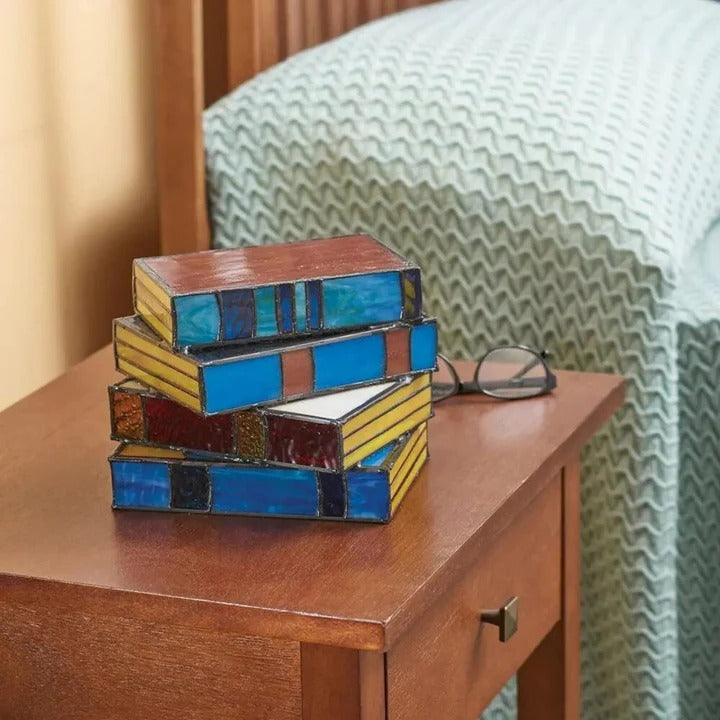 Vintage Stacked Book Lamp with Stained Glass Accent