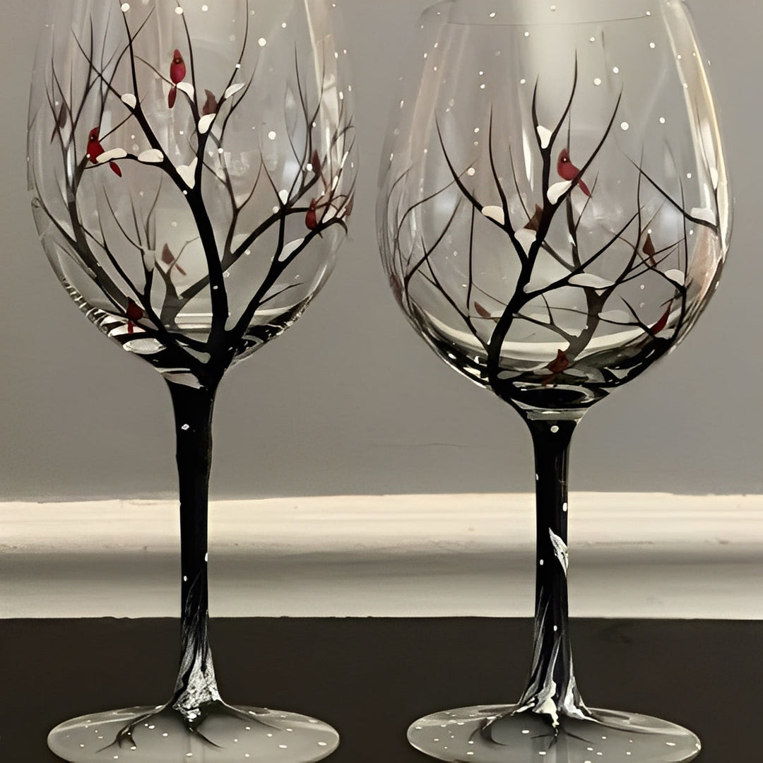 Set of Four Hand-Painted Wine Glasses Artistic Tree Design