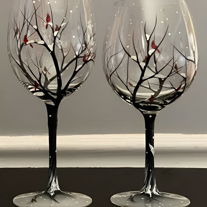 Set of Four Hand-Painted Wine Glasses Artistic Tree Design