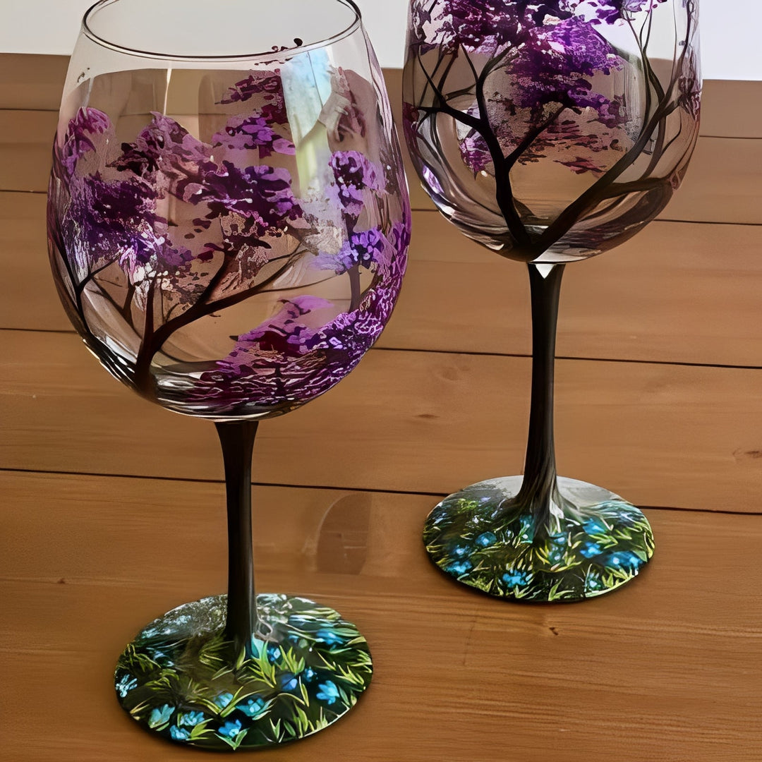 Set of Four Hand-Painted Wine Glasses Artistic Tree Design