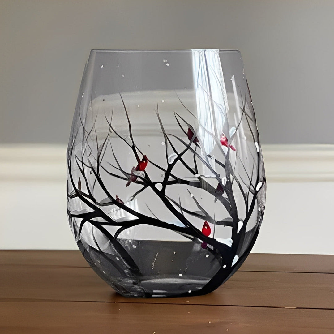 Set of Four Hand-Painted Wine Glasses Artistic Tree Design - Lenila
