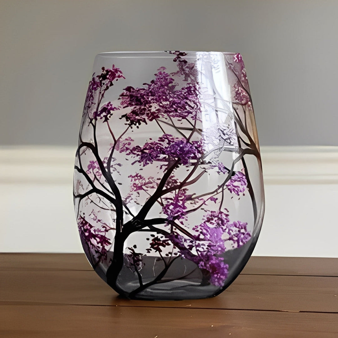 Set of Four Hand-Painted Wine Glasses Artistic Tree Design