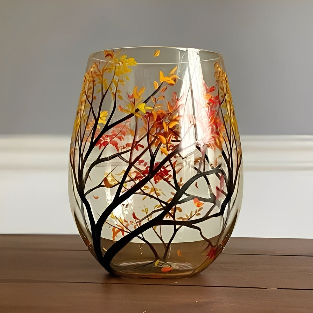 Set of Four Hand-Painted Wine Glasses Artistic Tree Design