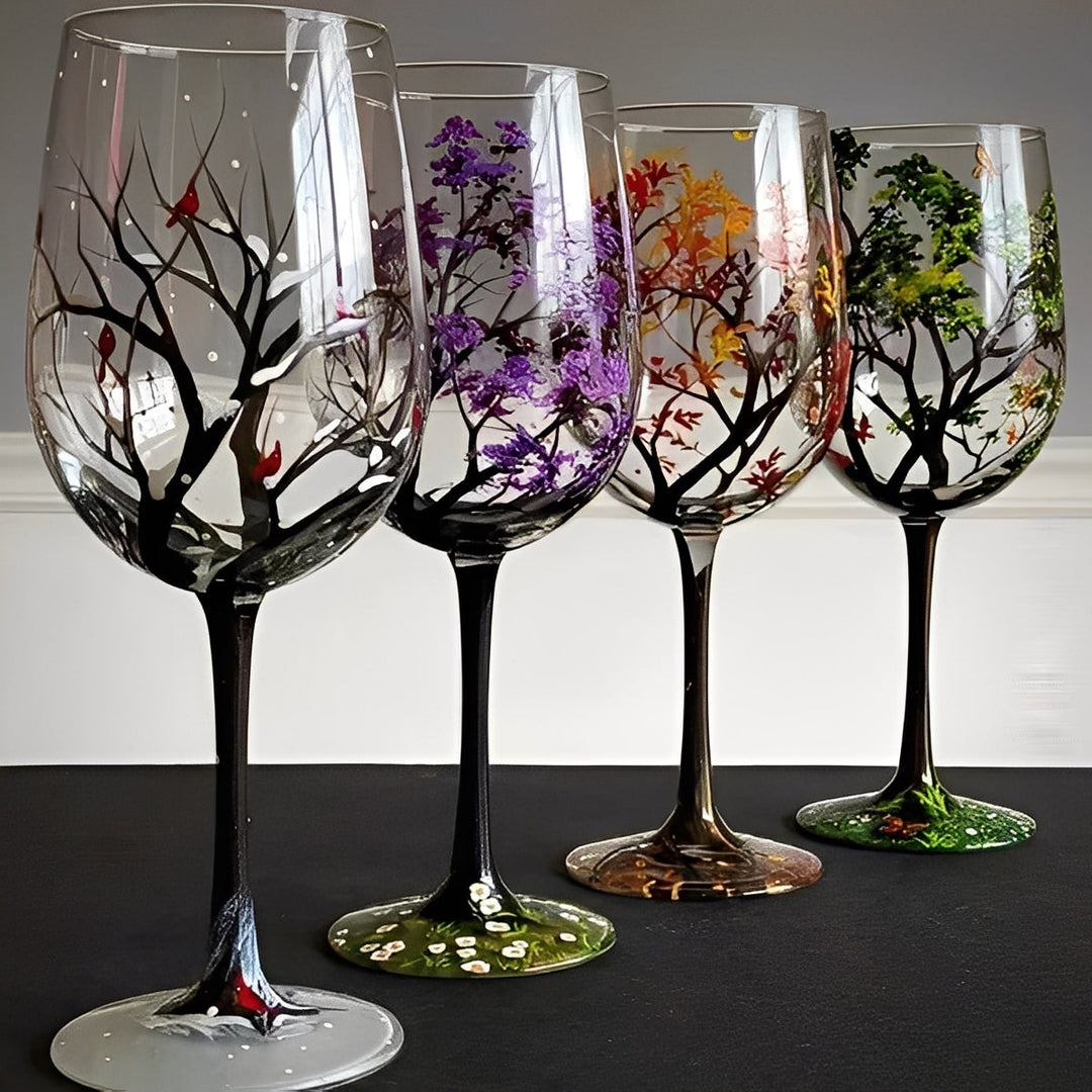 Set of Four Hand-Painted Wine Glasses Artistic Tree Design