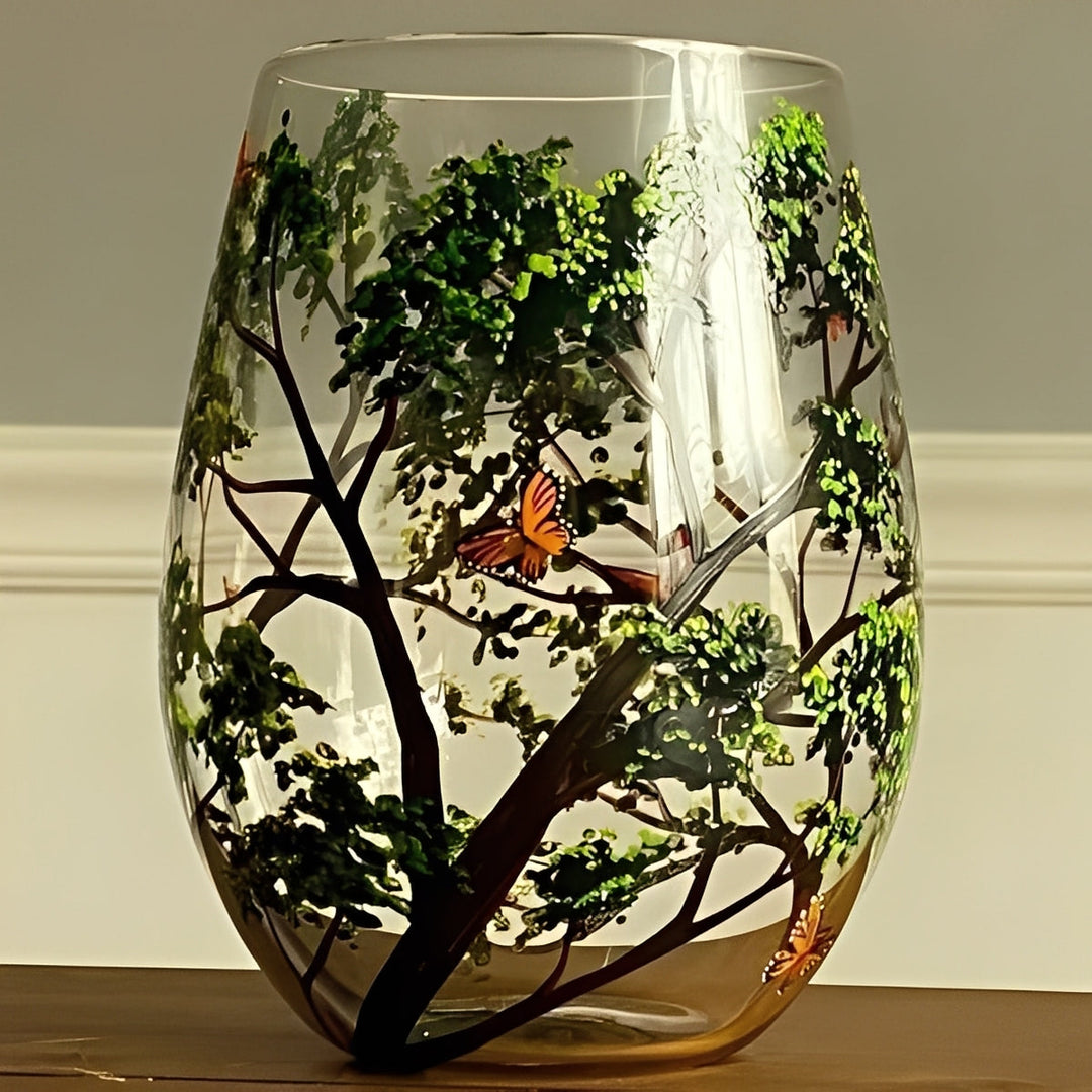 Set of Four Hand-Painted Wine Glasses Artistic Tree Design