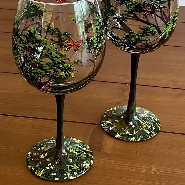 Set of Four Hand-Painted Wine Glasses Artistic Tree Design