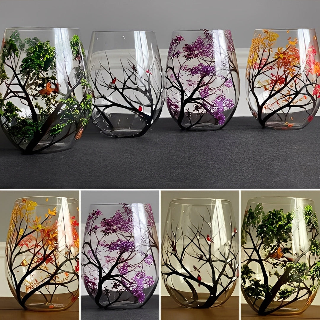 Set of Four Hand-Painted Wine Glasses Artistic Tree Design