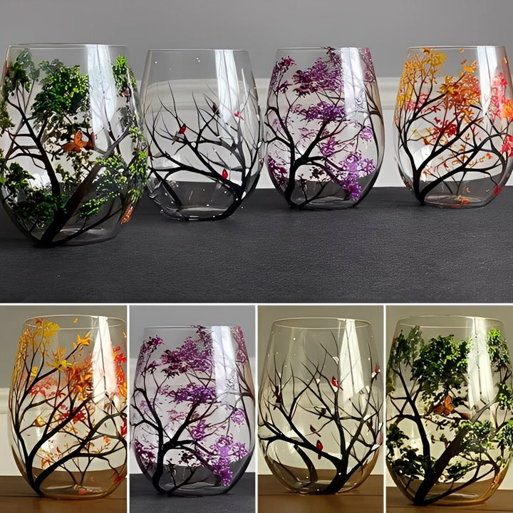 Set of Four Hand-Painted Wine Glasses Artistic Tree Design