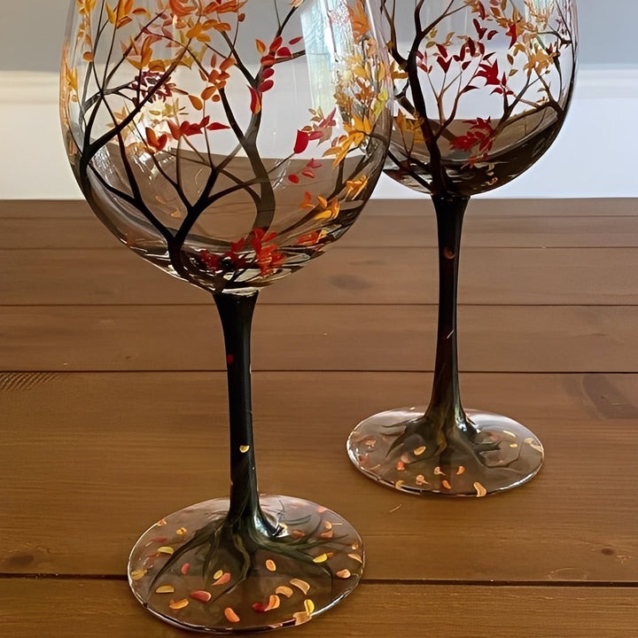 Set of Four Hand-Painted Wine Glasses Artistic Tree Design