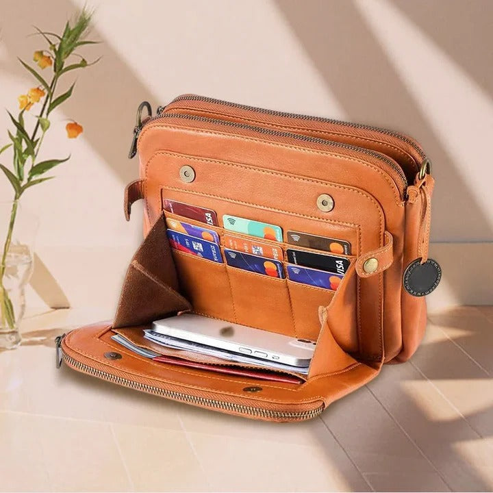 Womens Leather Crossbody Shoulder Bag Three-Layer Design