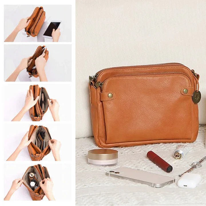 Womens Leather Crossbody Shoulder Bag Three-Layer Design