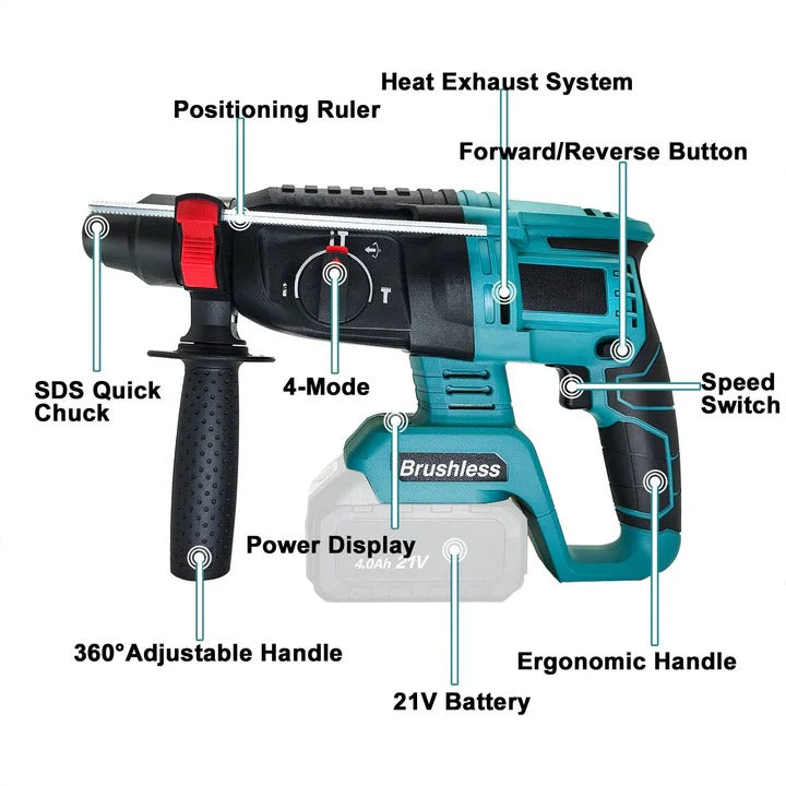 Cordless Rotary Hammer Drill Brushless Ergonomic Grip