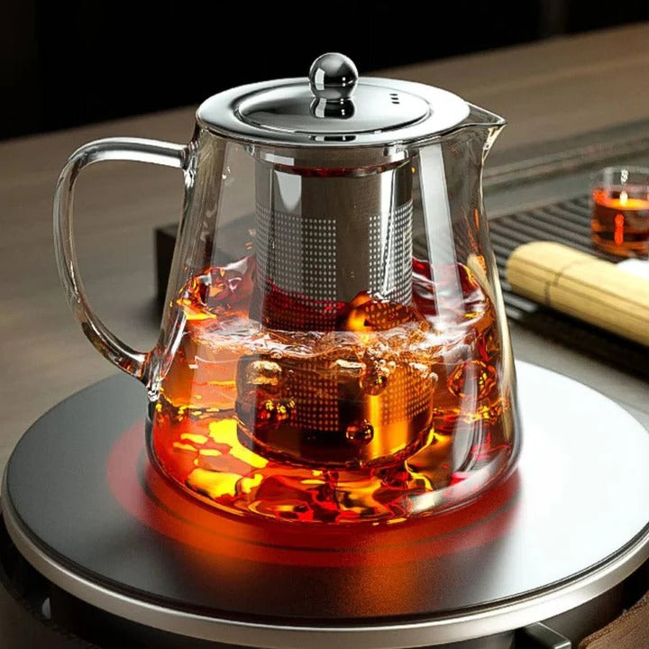 Glass Teapot with Brushed Metal Accents Heat Resistant Design - Lenila