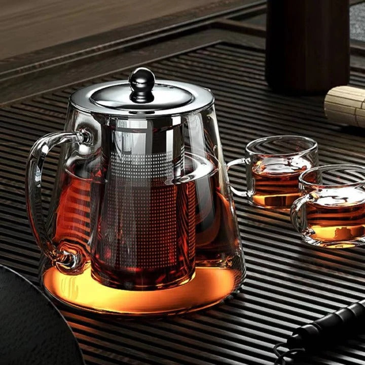 Glass Teapot with Brushed Metal Accents Heat Resistant Design