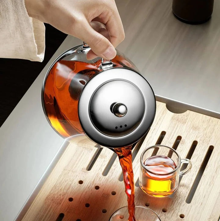 Glass Teapot with Brushed Metal Accents Heat Resistant Design