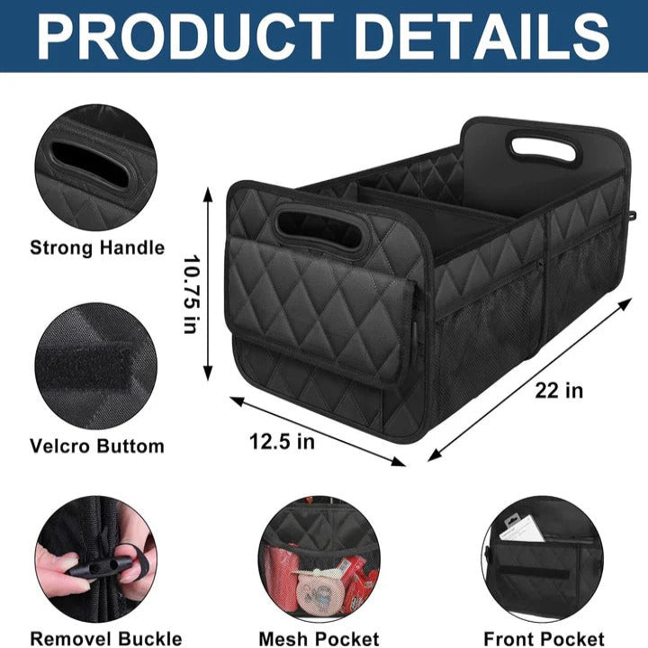 Car Trunk Storage Bag with Internal Dividers and Hook and Loop Closure