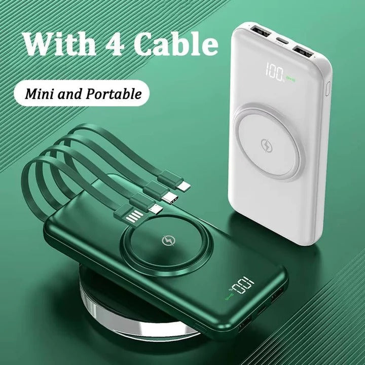 Portable Power Bank with Built-In Cables Wireless Charging 20000mAh