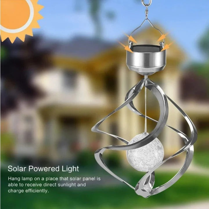 Solar-Powered LED Lamp with Wind Chime Spinner Design