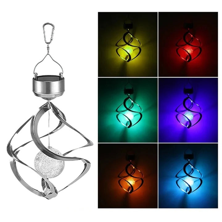 Solar-Powered LED Lamp with Wind Chime Spinner Design