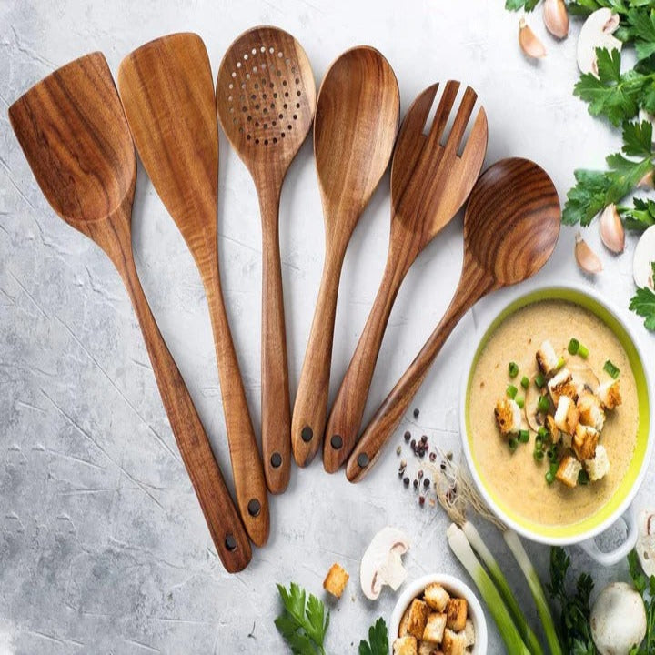 6-Piece Wooden Utensil Set Handcrafted Timber Finish Kitchen - Lenila