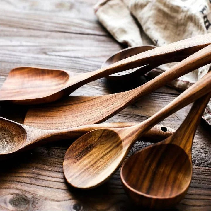 6-Piece Wooden Utensil Set Handcrafted Timber Finish Kitchen