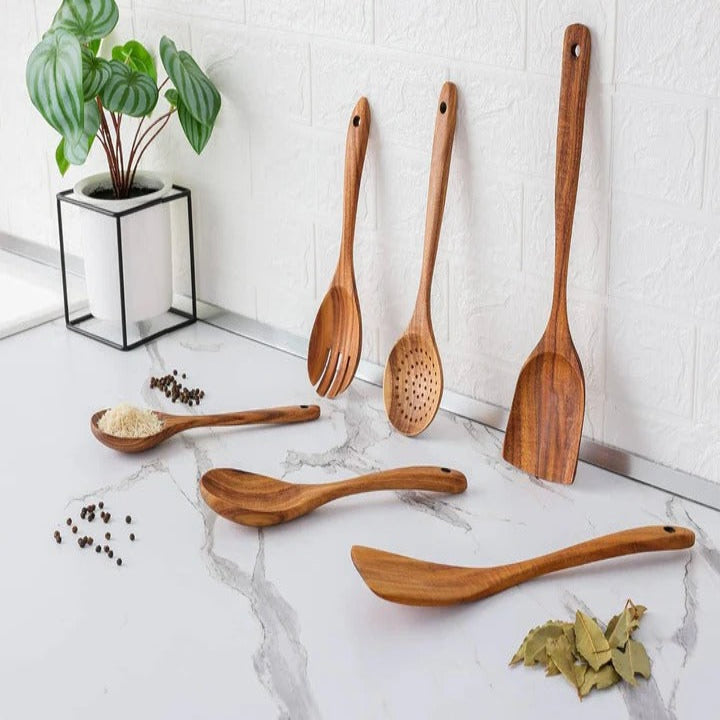 6-Piece Wooden Utensil Set Handcrafted Timber Finish Kitchen