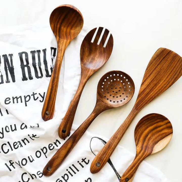 6-Piece Wooden Utensil Set Handcrafted Timber Finish Kitchen