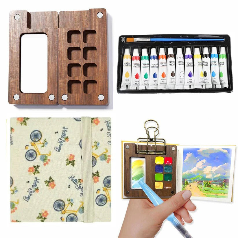 Travel Watercolor Palette Set with Brush and Mini Sketchbook - Lenila