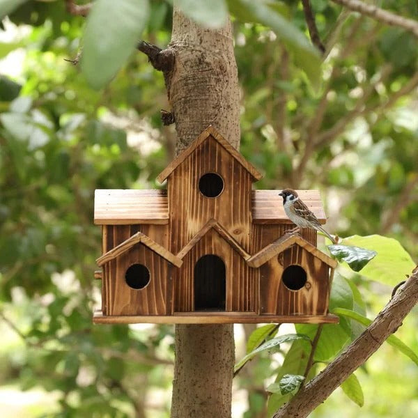 Handcrafted Wooden Birdhouse with Multiple Entry Holes