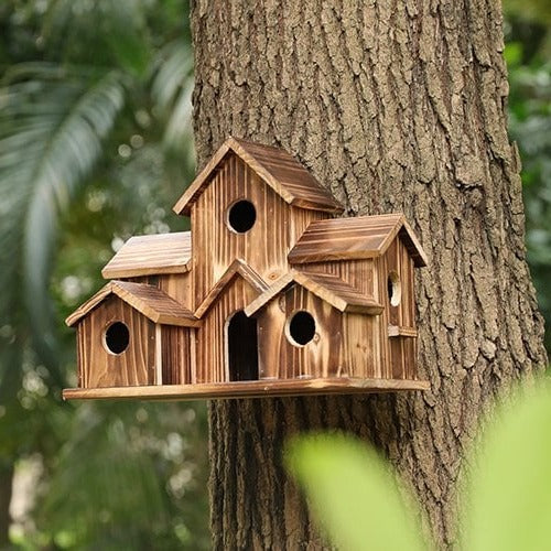 Handcrafted Wooden Birdhouse with Multiple Entry Holes
