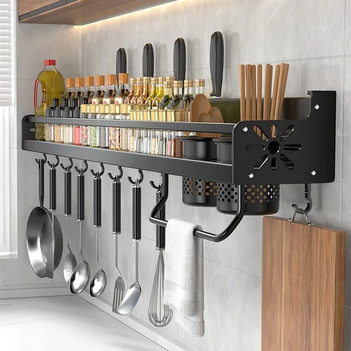 Wall-Mounted Kitchen Shelf System with Hooks and Utility Storage - Lenila