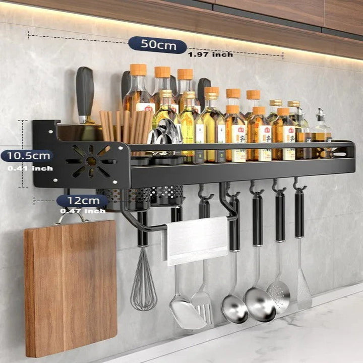Wall-Mounted Kitchen Shelf System with Hooks and Utility Storage