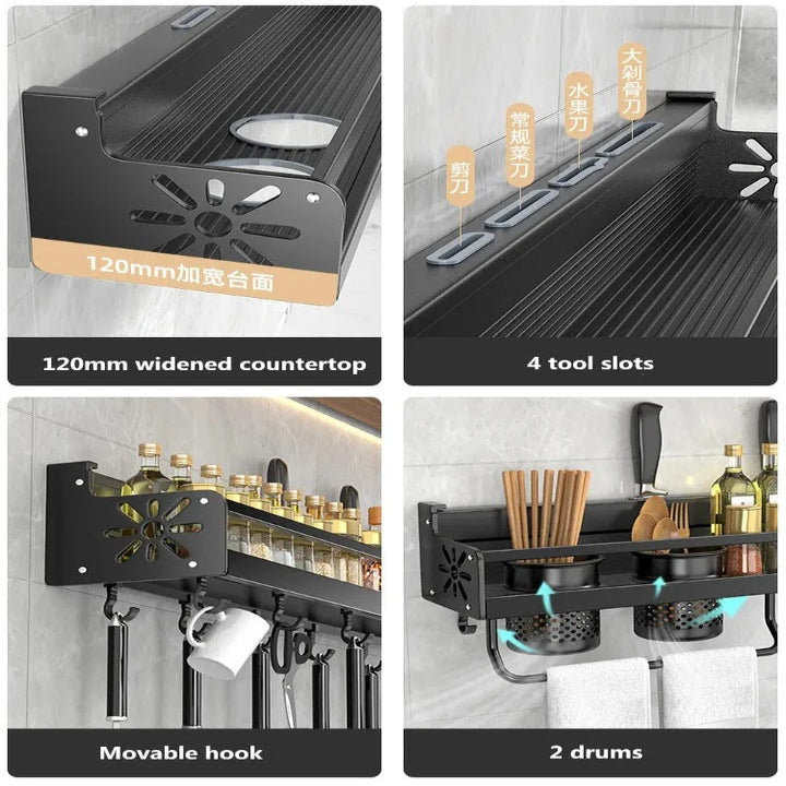 Wall-Mounted Kitchen Shelf System with Hooks and Utility Storage