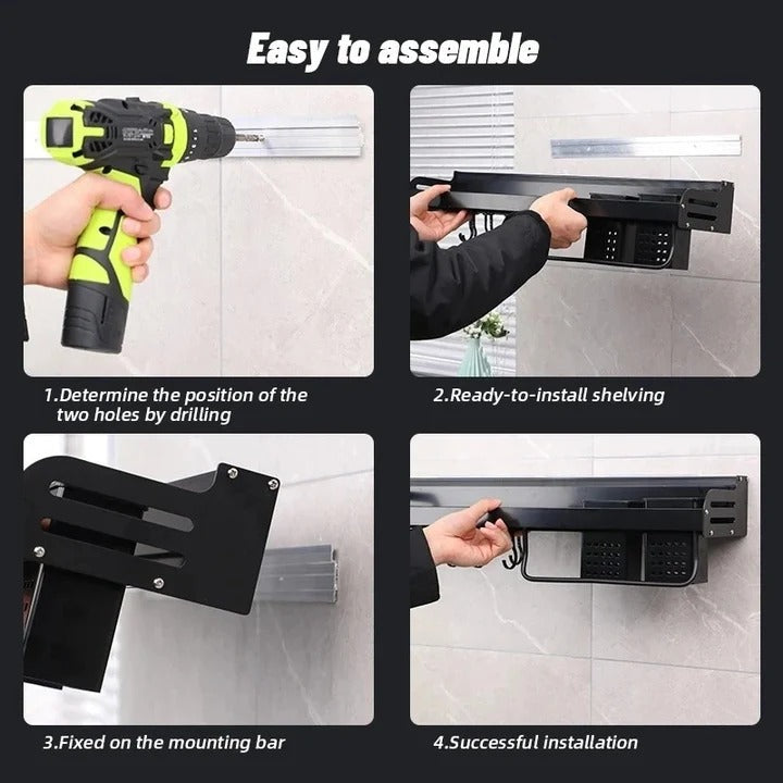 Wall-Mounted Kitchen Shelf System with Hooks and Utility Storage