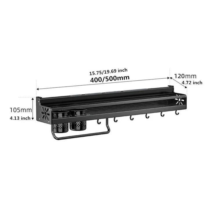 Wall-Mounted Kitchen Shelf System with Hooks and Utility Storage