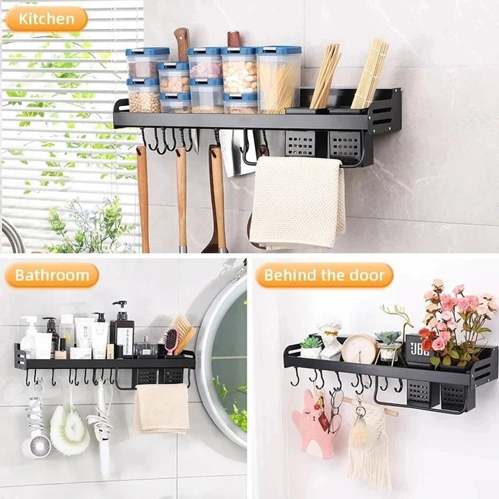 Wall-Mounted Kitchen Shelf System with Hooks and Utility Storage