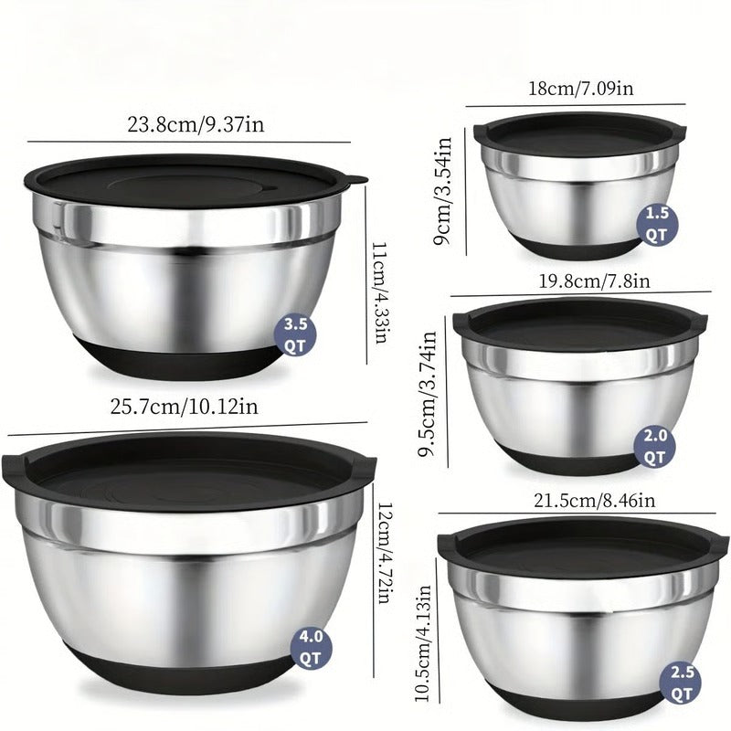 Stainless Steel Baking Bowl Set with Sealed Lids Non-Slip Base