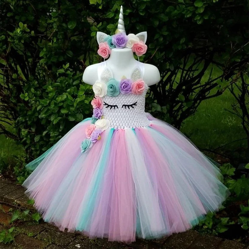 Girls Princess Gown with Tulle Rainbow Unicorn Tutu