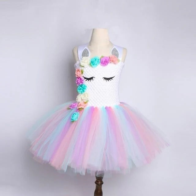 Girls Princess Gown with Tulle Rainbow Unicorn Tutu