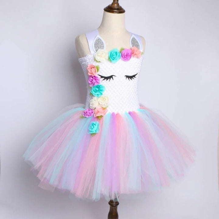 Girls Princess Gown with Tulle Rainbow Unicorn Tutu