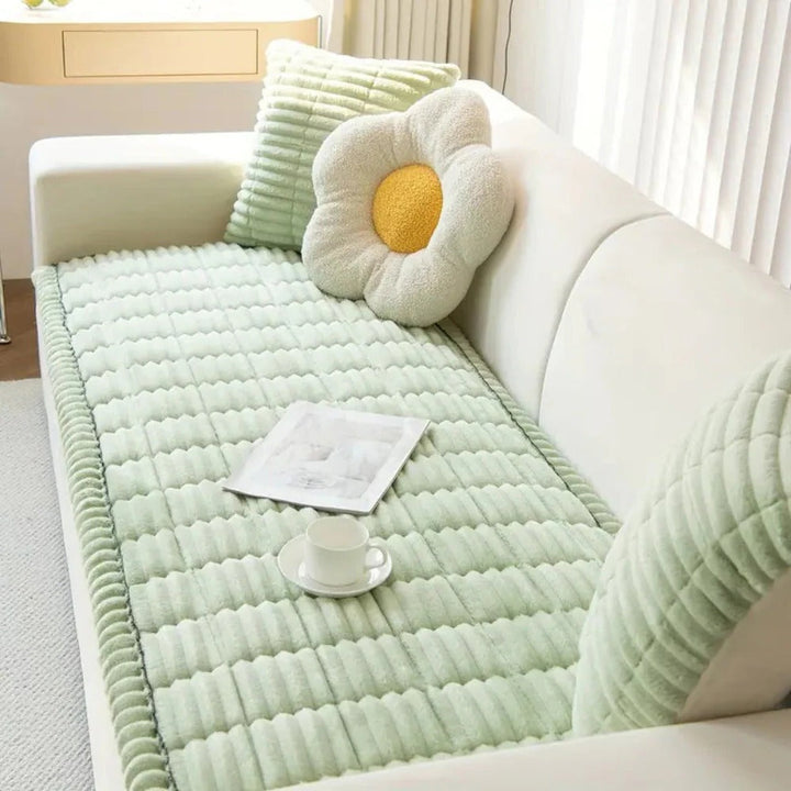 Sofa Cover with Plush Fabric Pleated Edge Protective Fit
