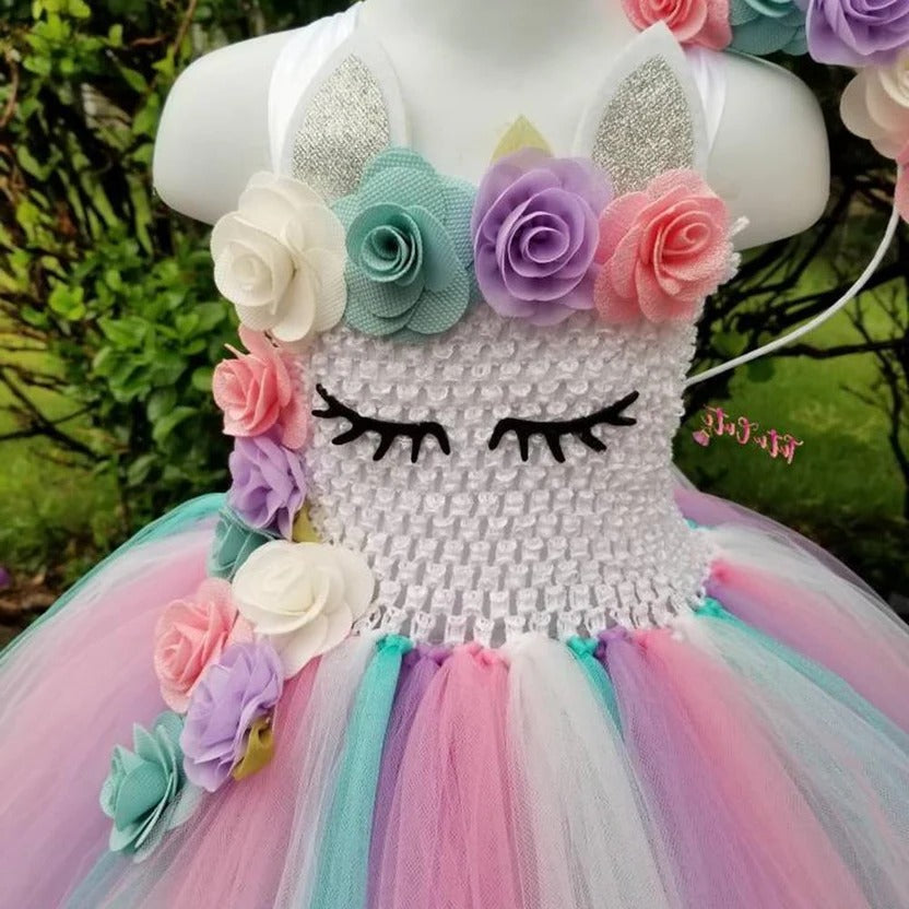 Girls Princess Gown with Tulle Rainbow Unicorn Tutu