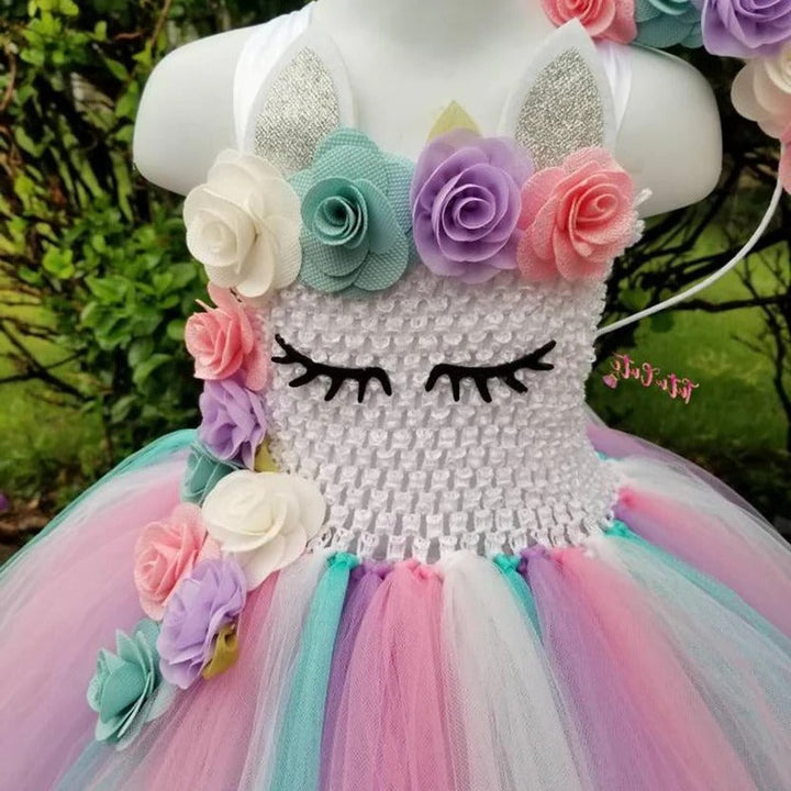 Girls Princess Gown with Tulle Rainbow Unicorn Tutu