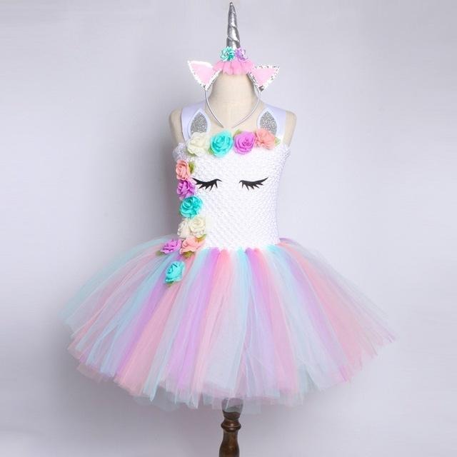 Girls Princess Gown with Tulle Rainbow Unicorn Tutu